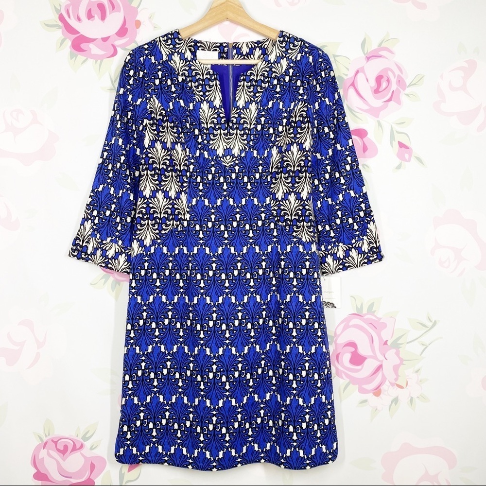NEW Donna Morgan Cobalt Blue Ivory Multi Print Sheath Dress 4
